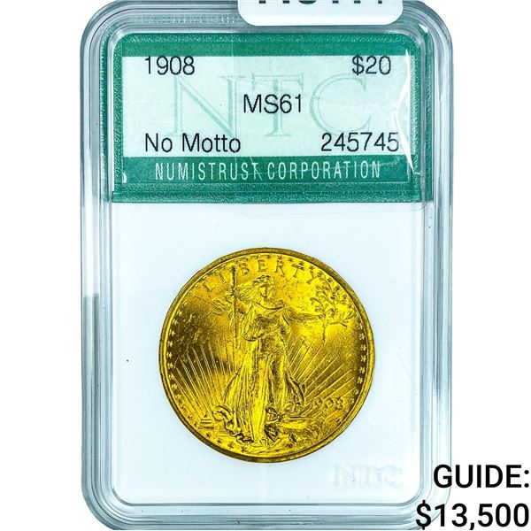 1908 $20 Gold Double Eagle NTC MS61 No Motto