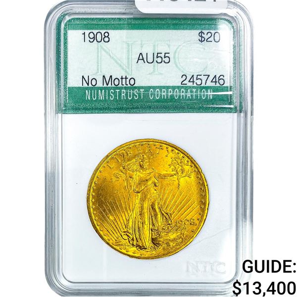 1908 $20 Gold Double Eagle NTC AU55 No Motto