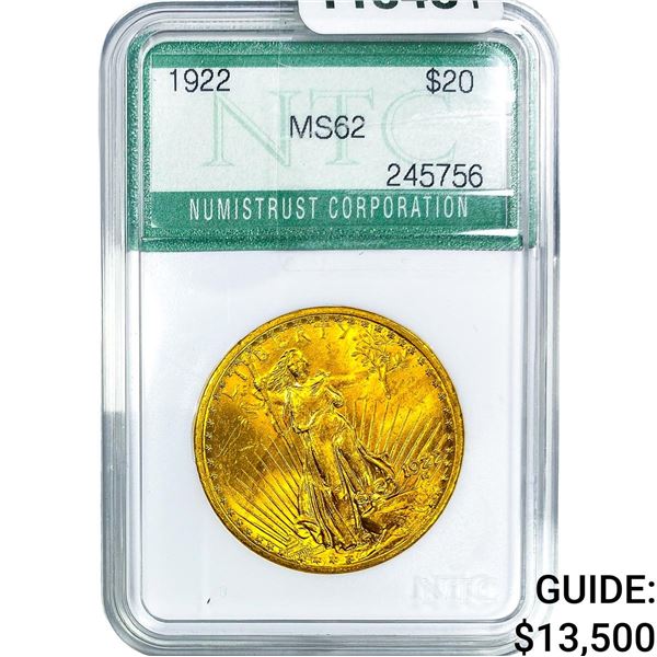 1922 $20 Gold Double Eagle NTC MS62