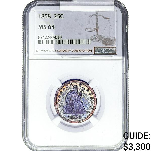 1858 Seated Liberty Quarter NGC MS64