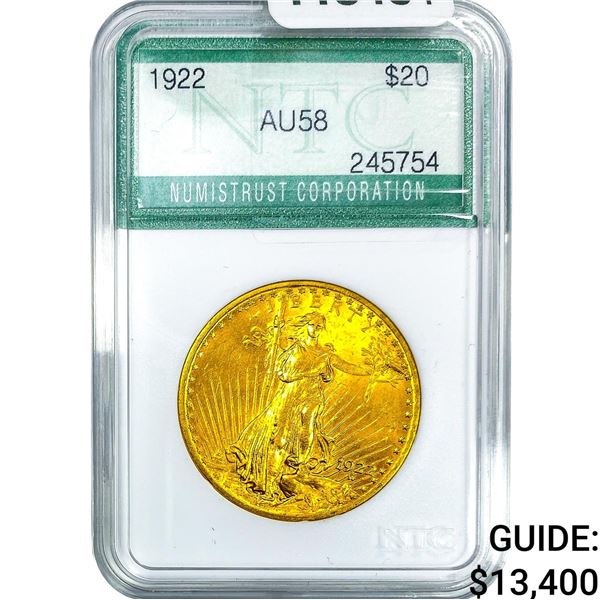 1922 $20 Gold Double Eagle NTC AU58