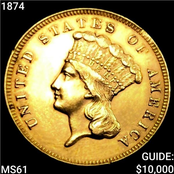 1874 $3 Gold Piece UNCIRCULATED
