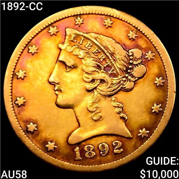 1892-CC $5 Gold Half Eagle CHOICE AU