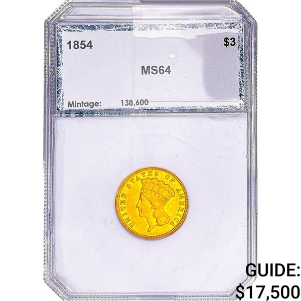 1854 $3 Gold Piece PCI MS64