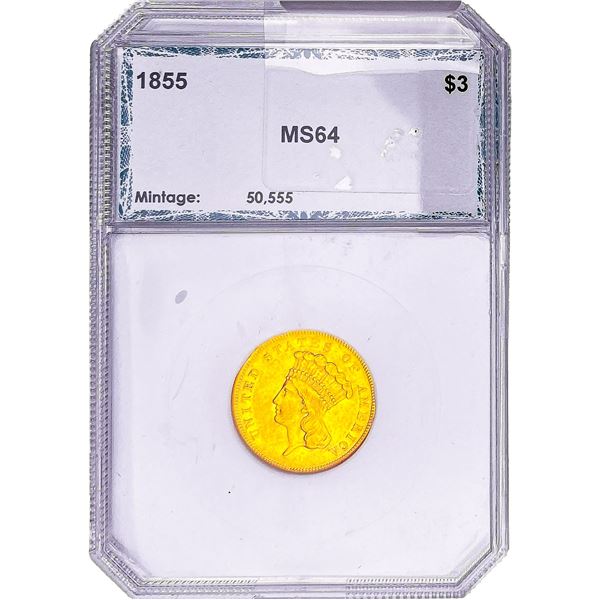 1855 $3 Gold Piece PCI MS64