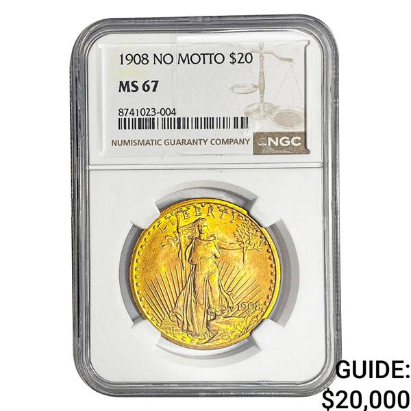 1908 $20 Gold Double Eagle NGC MS67 No Motto
