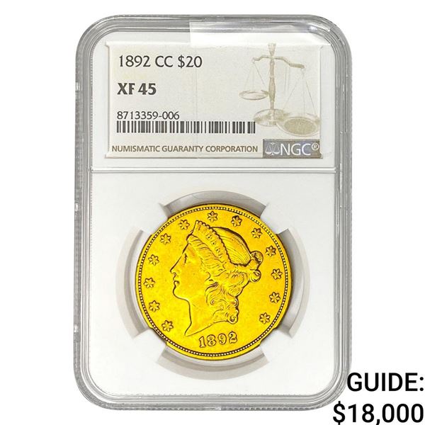 1892-CC $20 Gold Double Eagle NGC XF45