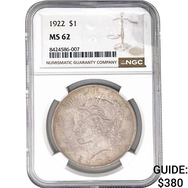 1922 Morgan Silver Dollar NGC MS62 Extra Hair
