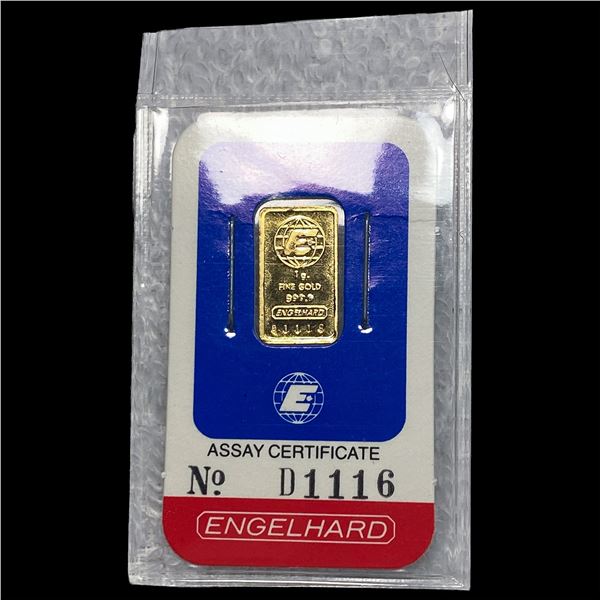 Engelhard 1g Gold Bar 999.9 Fine Assay SUPERB   GEM BU