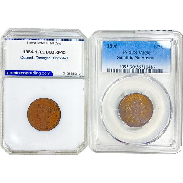 [2 Coins] 1806-1854 U.S. 1/2C Lot PCI/PCGS  VF/XF30-45