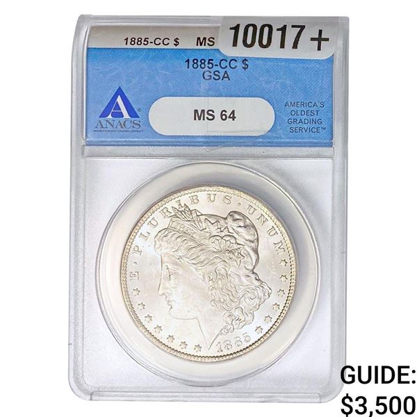 1885-CC GSA Morgan Silver Dollar ANACS MS64