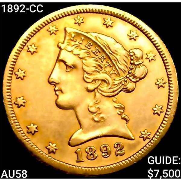 1892-CC $5 Gold Half Eagle CHOICE AU