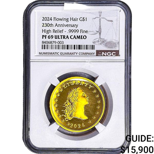 2024 1oz Gold $1 230th Anniversary Flowing  Hair Ultra Cameo