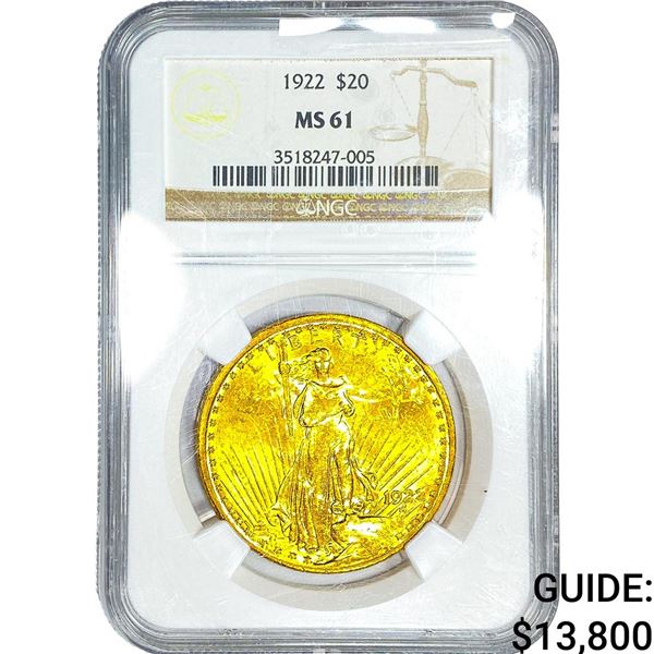 1922 $20 Gold Double Eagle NGC MS61