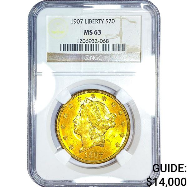 1907 $20 Gold Double Eagle NGC MS63
