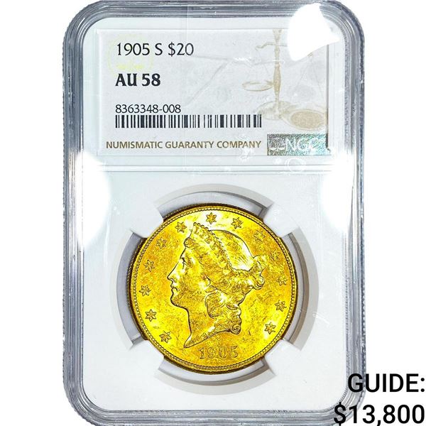 1905-S $20 Gold Double Eagle NGC AU58