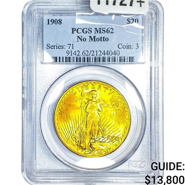 1908 $20 Gold Double Eagle PCGS MS62