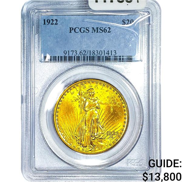 1922 $20 Gold Double Eagle PCGS MS62