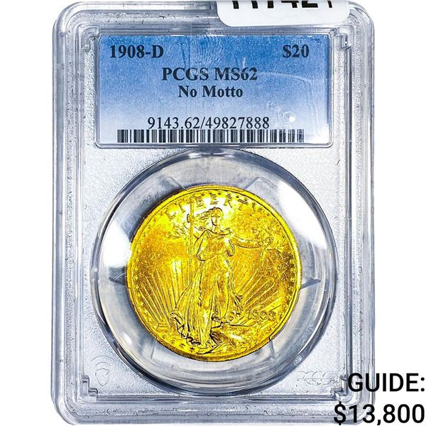 1908-D $20 Gold Double Eagle PCGS MS62 No Motto