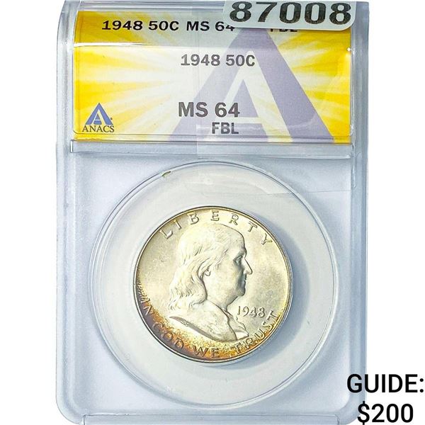1948 Franklin Half Dollar ANACS MS64 FBL