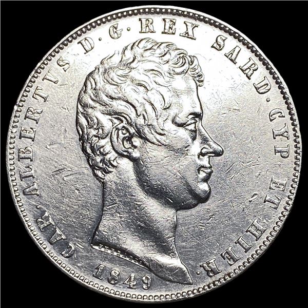 1849 Italian States Sardinia Silver 5 Lire CLOSELY UNCIRCULATED