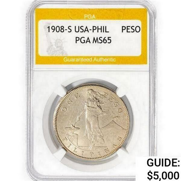 1908-S USA-Philipines Silver One Peso PGA MS65