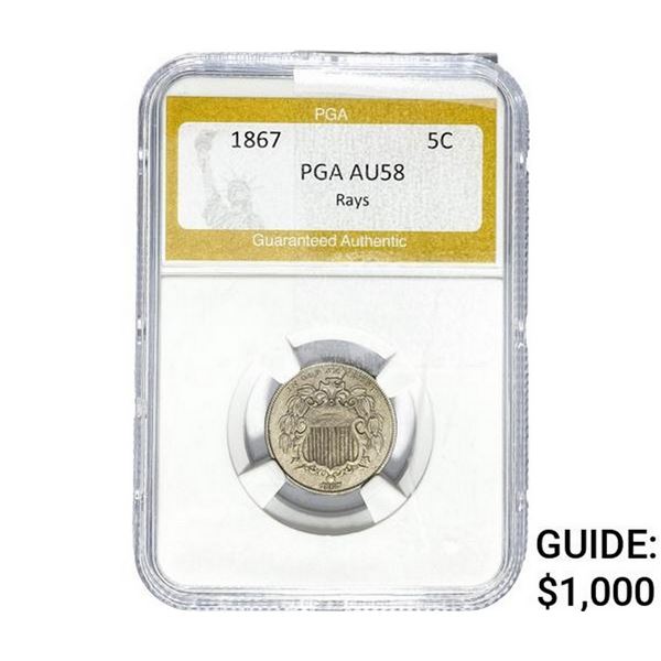 1867 Shield Nickel PGA AU58 Rays