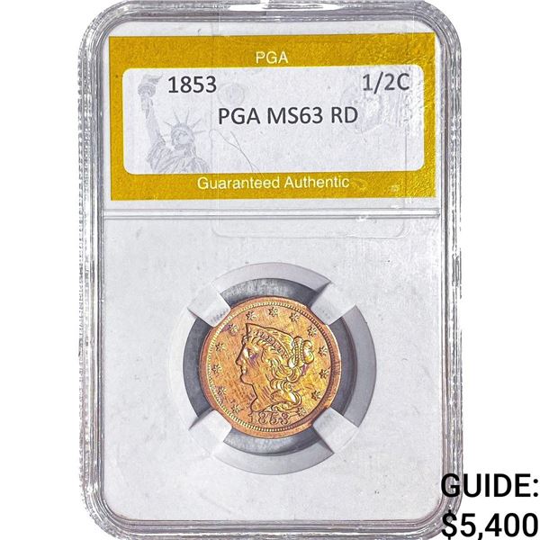 1853 Braided Hair Half Cent PGA MS63 RD