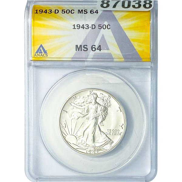 1943-D Walking Liberty Half Dollar ANACS MS64