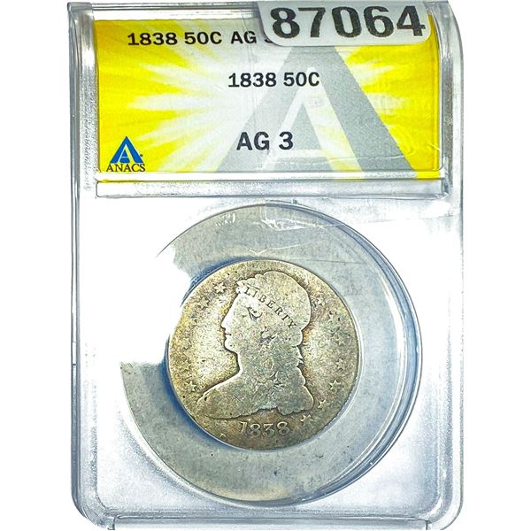 1838 Capped Bust Half Dollar ANACS AG3