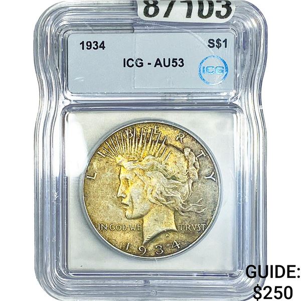 1934 Silver Peace Dollar ICG AU53
