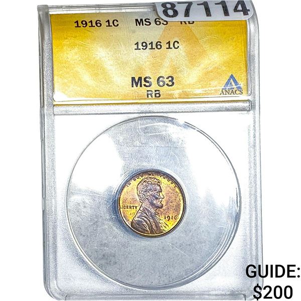 1916 Wheat Cent ANACS MS63 RB