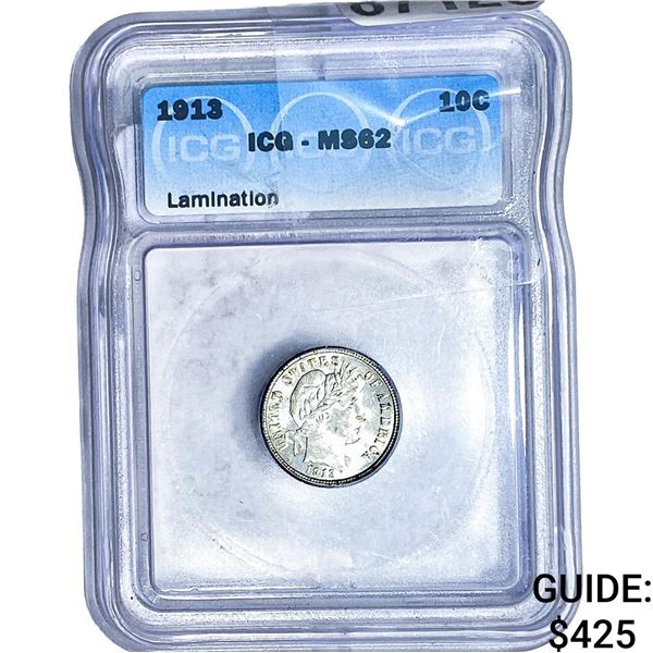 1913 Barber Dime ICG MS62