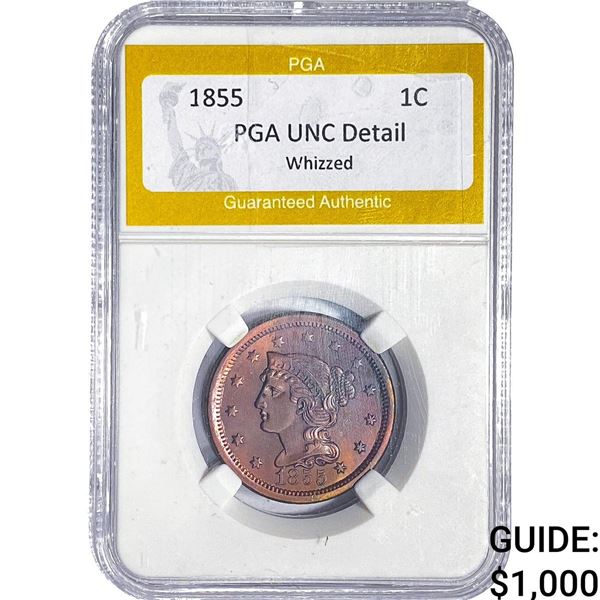 1855 Braided Hair Large Cent PGA UNC Detail Whizzed