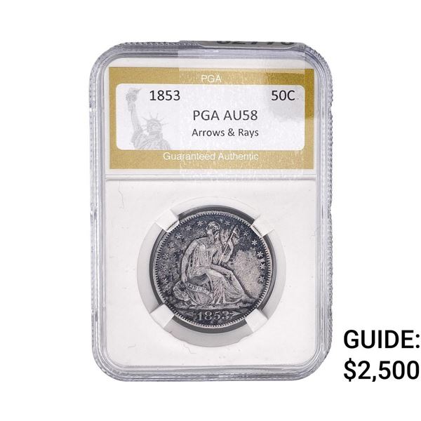 1853 Seated Liberty Half Dollar PGA AU58 Arrows/Rays