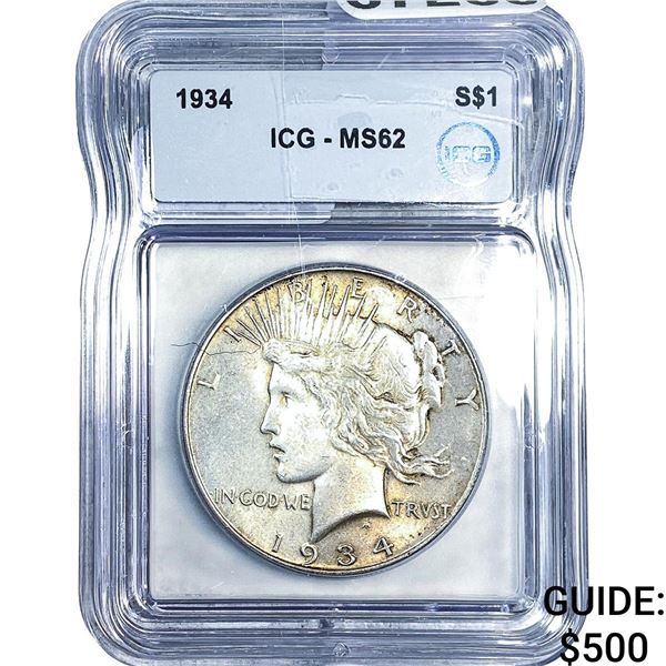 1934 Silver Peace Dollar ICG MS62