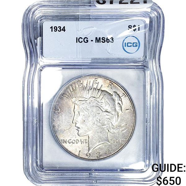 1934 Silver Peace Dollar ICG MS63