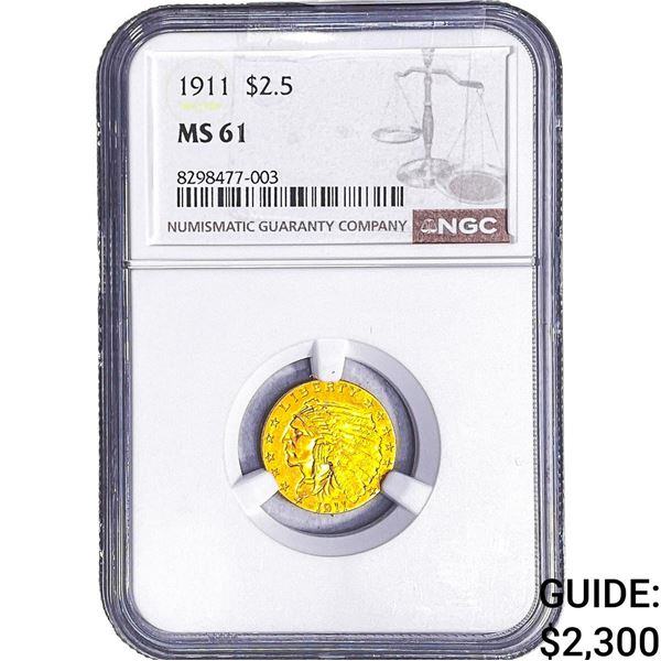 1911 $2.50 Gold Quarter Eagle NGC MS61