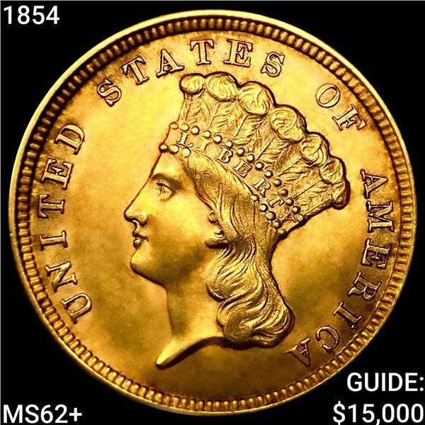 1854 $3 Gold Piece UNCIRCULATED +