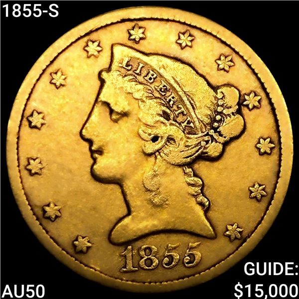1855-S $5 Gold Half Eagle CLOSELY UNCIRCULATED