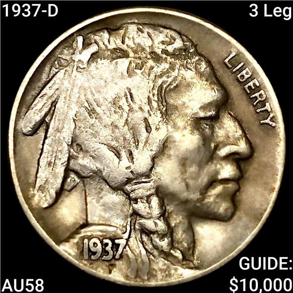1937-D 3 Leg Buffalo Nickel CHOICE AU