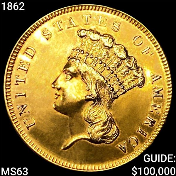 1862 $3 Gold Piece CHOICE BU