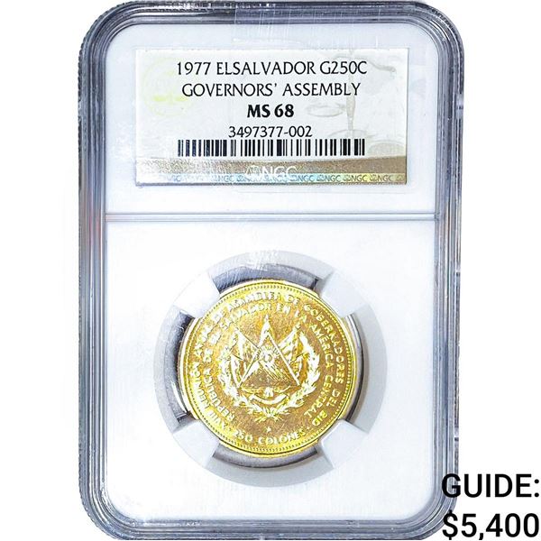 1977 El Salvador Gold 250 Colones .4717oz AGW NGC MS68