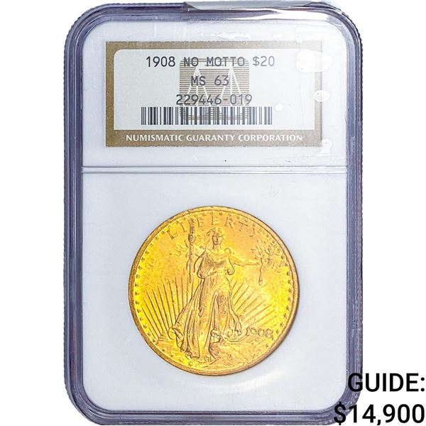 1908 $20 Gold Double Eagle NGC MS63 No Motto