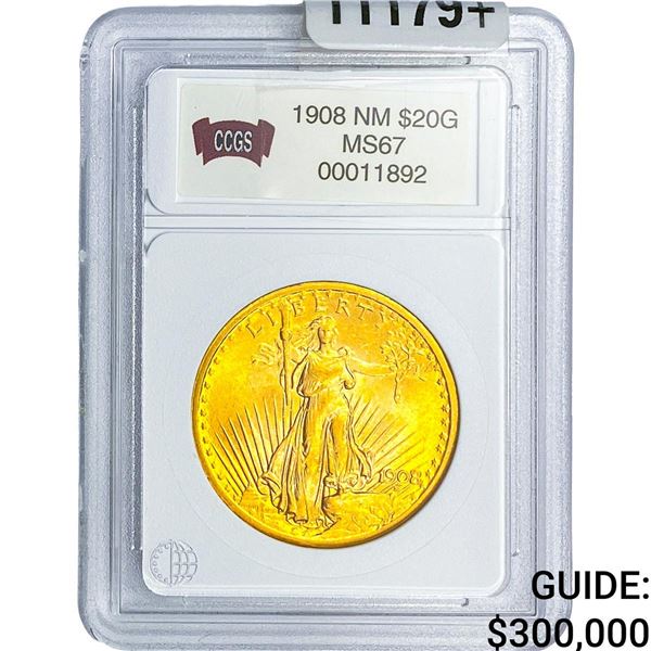 1908 $20 No Motto Gold Double Eagle CCGS MS67