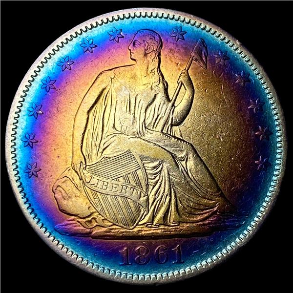 1861-O Toned Silver Seated Liberty Half Dollar NEARLY UNCIRCULATED