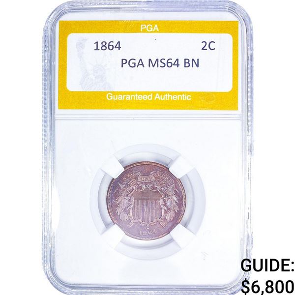 1864 Two Cent Piece PGA MS64 BN