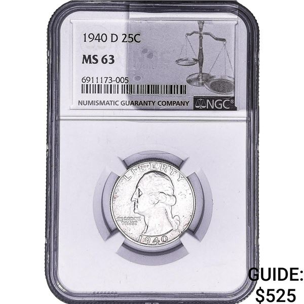 1940-D Washington Silver Quarter NGC MS63