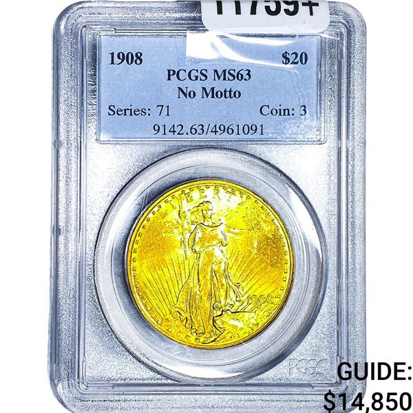 1908 $20 Gold Double Eagle PCGS MS63 No Motto