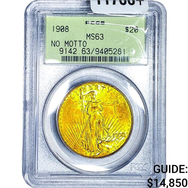 1908 $20 Gold Double Eagle PCGS MS63 No Motto
